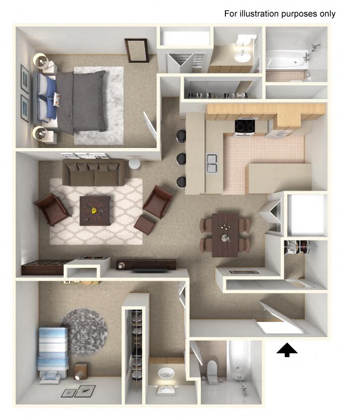 Floor plan for 2 beds, 2 baths, 1042 sqft